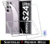 A clear phone case and screen protector are displayed against a white background, with the phone inside the case showing the screen. Produktbild-Vorschau