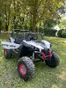 A white and black electric UTV for children is parked on a grassy lawn with trees in the background. Anteprima dell’immagine prodotto