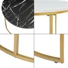 A collage of four close-up images showing different parts of a round coffee table with a marble-look top and gold metal legs. Produktbild-Vorschau