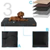 A dog lying on a dog bed, with close-ups of the bed's texture and material layers shown. Voir les images du produit