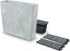 A planter with a grey marble-like finish, a black insert, and two grey grates, all arranged on a white background. Produktbild-Vorschau