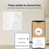A smart thermostat and a smartphone displaying its app interface are shown, along with a pop-up menu for mode selection. Podgląd zdjęcia produktu