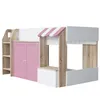 A children's loft bed designed to look like a playhouse or shop, with pink doors and a striped awning. Produktbild-Vorschau