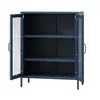A dark blue metal cabinet with two glass doors, showing three shelves inside. Podgląd zdjęcia produktu