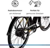Close-up view of the rear wheel and drivetrain of a black and gold electric bicycle, with marketing text and icons above. Produktbild-Vorschau