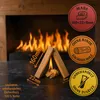 Two pieces of firewood are propped up against each other with a small flame burning between them, set against a fireplace background. There are also several circular marketing graphics with text and icons. Produktbild-Vorschau