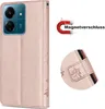 A product image showcasing a rose gold flip wallet case for a Xiaomi Redmi 13C / Poco C65 phone, with a close-up detail of the magnetic closure and a graphic indicating the magnetic closure feature. Produktbild-Vorschau
