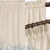 A collage showing two views of a cream-colored curtain with a blue water splash design at the bottom. The right side shows the curtain hanging from a rod with rings. Produktbild-Vorschau