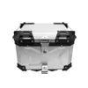 A silver motorcycle top case with black accents and a metal latch, shown from the front against a white background. Produktbild-Vorschau