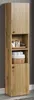 A tall, narrow wooden cabinet with slatted doors and open shelves, displaying towels and jars. Produktbild-Vorschau