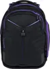 A black backpack with purple accents, shown from the front. Produktbild-Vorschau