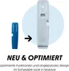 A before and after comparison of a blue tire lever to a light gray one, with German text indicating it is new and optimized. Produktbild-Vorschau