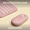 A pink Logitech keyboard and mouse are shown on a light yellow background. Produktbild-Vorschau