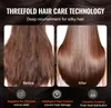 A split image showing a 'before' and 'after' comparison of hair treated with a hair care product, with feature descriptions below. Produktbild-Vorschau