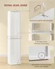 A white tall cabinet is shown with callouts highlighting its stability and safety features. Produktbild-Vorschau