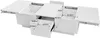 A white rectangular coffee table with extended drawers and dimensions marked. Produktbild-Vorschau