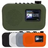 A top view of a green digital radio and a row of four colorful digital radios below it. Produktbild-Vorschau