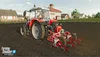 A red tractor with farming equipment attached is plowing a field. Podgląd zdjęcia produktu