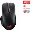 A black Asus ROG Chakram X Origin gaming mouse is shown on a white background, with several award logos to the right. Produktbild-Vorschau