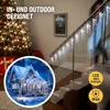 A festive scene with Christmas decorations, including a decorated tree, gifts, and icicle lights on a staircase, with a small inset image of a snow-covered house also decorated with lights. Náhled obrázku produktu