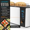 A toaster with bread in it, shown alongside a diagram explaining its features and a close-up of toast. Produktbild-Vorschau