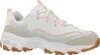 A side view of a white Skechers D'Lites sneaker with pink and light blue accents. Produktbild-Vorschau
