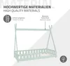 A light mint green teepee-style children's bed frame with a slatted base and low side rails, shown against a light gray and white background with informational text and icons. Produktbild-Vorschau