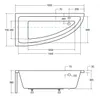 Technical drawing of a bathtub with dimensions indicated. Podgląd zdjęcia produktu