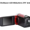 A red and black camcorder with its LCD screen open, displaying a black screen. Produktbild-Vorschau