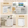 A collage showing a foldable sewing table in its expanded and folded states, as well as a close-up of the folded unit. Produktbild-Vorschau