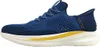 A side view of a single blue Skechers shoe with yellow and white accents. Voir les images du produit
