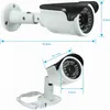 Two views of a white bullet IP camera with black accents, showing dimensions. Náhľad obrázku produktu