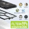 A diagram showing various particles that can be filtered by a HEPA filter, along with a close-up of a filter and a green banner highlighting its efficiency. Produktbild-Vorschau