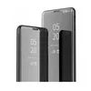 Three smartphone cases are displayed on a white background. The cases are black with a reflective, mirrored front cover that displays the time and date. Produktbild-Vorschau