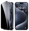 A collage of an iPhone 14 Pro Max with privacy screen protectors, showing the phone's lock screen and the screen protectors. Produktbild-Vorschau