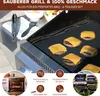 A grill with cooking mats and burgers, surrounded by marketing icons and text. Produktbild-Vorschau