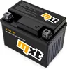 A black motorcycle battery with yellow and white branding, shown from a diagonal angle on a white background. Produktbild-Vorschau