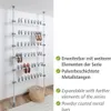 A vertical shoe rack system with multiple shelves, featuring shoes and descriptive text on the right side. Produktbild-Vorschau