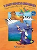 A whimsical illustration for a piano learning book, featuring a bear on a piano keyboard and a wizard. Náhľad obrázku produktu