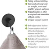 A black hook is shown with a towel hanging from it, next to a list of features in English and German. Produktbild-Vorschau