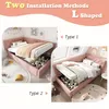 A pink L-shaped bed with storage, shown in two different configurations. Produktbild-Vorschau