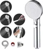 A collage of images showing a chrome shower head with various spray patterns, a hand holding the shower head, and the included accessories. Produktbild-Vorschau