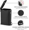A black pedal bin with its lid open, showing its features with text labels. Produktbild-Vorschau