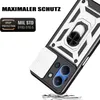 A close-up, angled view of a rugged phone case with a ring holder and camera cover, presented against a white background with marketing text. Produktbild-Vorschau