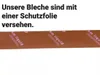 A close-up of a brown sheet with pink text printed on it, against a white background. Text above the sheet describes it as a protective film. Produktbild-Vorschau