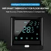 A close-up marketing image of a black smart thermostat with a digital display showing the room temperature and time. Náhled obrázku produktu
