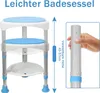 A shower stool with adjustable height and a close-up of a hand adjusting the height of a leg. Produktbild-Vorschau