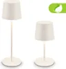 Two white LED table lamps are displayed against a white background. A green leaf icon is in the upper right corner. Anteprima dell’immagine prodotto