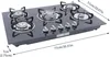 A top-down view of a black gas cooktop with five burners and control knobs, with dimensions indicated by arrows and text. Náhled obrázku produktu