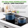 Two blue pots and pans are shown on a black induction stovetop, with kitchen shelves in the background. Produktbild-Vorschau